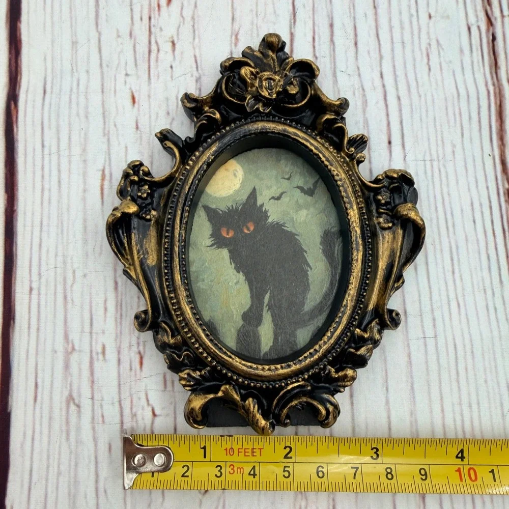 Gothic Black Cat Art Decoupage Ornate Gold Black Resin Frame Spooky Decor 4.75in